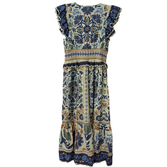 Farm Rio Women's Ocean Tapestry Maxi Dress Smocked V Neck Ruffle Printed Large - Picture 3 of 13